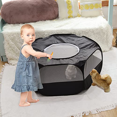 Linifar Small Animals Playpen, Portable Pet Tent Fence with Zippered Cover Outdoor/Indoor Exercise Anti Escape Yard Fence for Puppy Kitten Rabbit Bunny Hamster Rat Guinea Pig Hedgehog Ferret (Black)