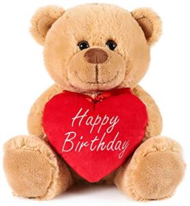 brubaker teddy bear with red heart - happy birthday - 9.5 inches - cuddly plush toy - light brown
