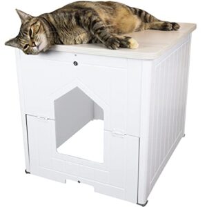 palram pets catshire cat litter box enclosure furniture, hidden cat box, functional pet house side table, nightstand, enclosed kitty loo washroom with magnetic door latch, easy to clean, white