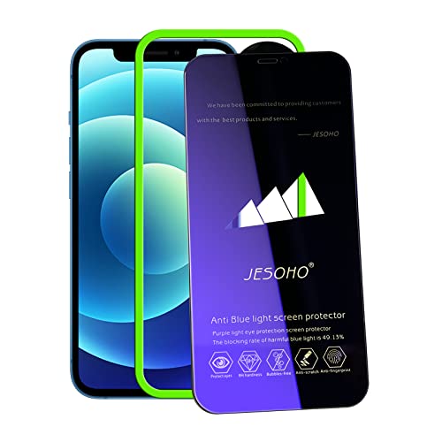 JESOHO Anti Blue Light Screen Protector for iPhone 12/iPhone 12 Pro (6.1''), Full Coverage Tempered Glass Film, Eye Protection, Scratch-Resistant, Easy Installation (2 Pack)