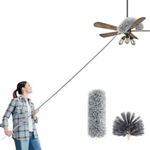 rmai duster with extension pole(stainless steel), 100’’ extra long microfiber & domed cobweb double replacement heads extendable dusters, scratch resistant duster for cleaning high ceiling fan, cars