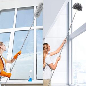 RMAI Duster with Extension Pole(Stainless Steel), 100’’ Extra Long Microfiber & Domed Cobweb Double Replacement Heads Extendable Dusters, Scratch Resistant Duster for Cleaning High Ceiling Fan, Cars