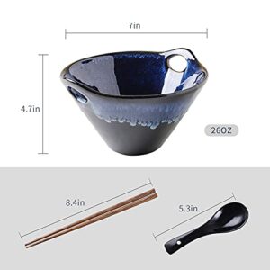 KOOV Porcelain Ramen Bowls and Spoons Set of 2 - Japanese Ramen Noodle Bowl with Chopsticks and Spoons, 26 Ounce Deep Pho Bowl, Reactive Glaze (Blue Galaxy)