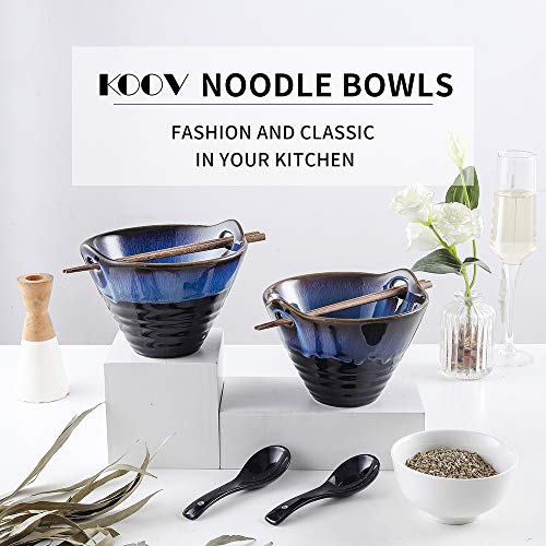 KOOV Porcelain Ramen Bowls and Spoons Set of 2 - Japanese Ramen Noodle Bowl with Chopsticks and Spoons, 26 Ounce Deep Pho Bowl, Reactive Glaze (Blue Galaxy)