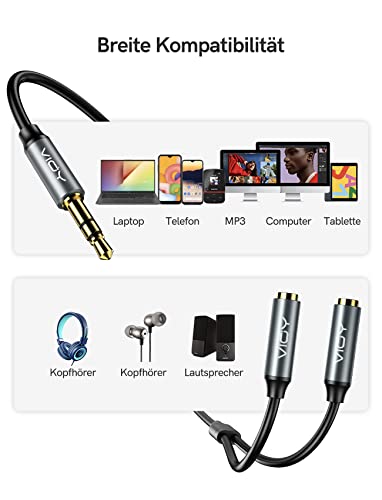 VIOY Headphone Splitter, 3.5mm Stereo Audio Y Splitter Cable Male to Female Dual Headphone Jack Extender for iPhone, Samsung, Tablet, Laptop, Speaker, MacBook (20cm)