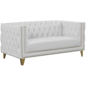 meridian furniture 651white-l michelle collection modern | contemporary loveseat with deep button tufting, nailhead trim and sturdy gold iron legs, 66" w x 34" d x 30" h, white
