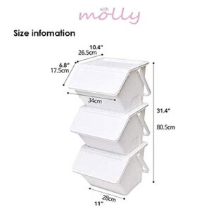 Withmolly Daily Stackable Organizer Stores Recycling Bin Container with Lid, Handle, Recycle Sticker Trash Bin Label, Tools and Toys, Handy Recycler, 3 Pack of Bins White