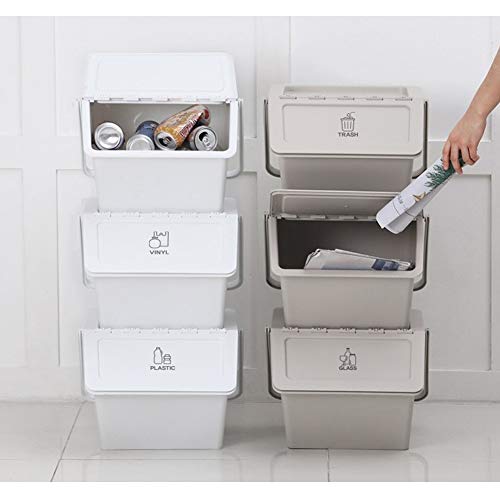 Withmolly Daily Stackable Organizer Stores Recycling Bin Container with Lid, Handle, Recycle Sticker Trash Bin Label, Tools and Toys, Handy Recycler, 3 Pack of Bins White