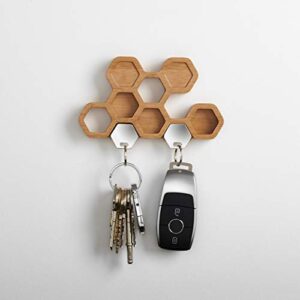 BU Products Honeycomb Magnetic Key Holder - A Unique Bamboo Wall Mounted Hook and Decorative Wooden Storage Rack (2 Keys)