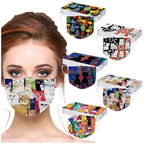 50PCS Personalized Cat Printed Disposable_Face_Masks for Adult,3-ply Face Protection Covering with Elastic Earloop and Nose Clip for Outdoor,Comfortable & High Filtration &Ventilation (F)