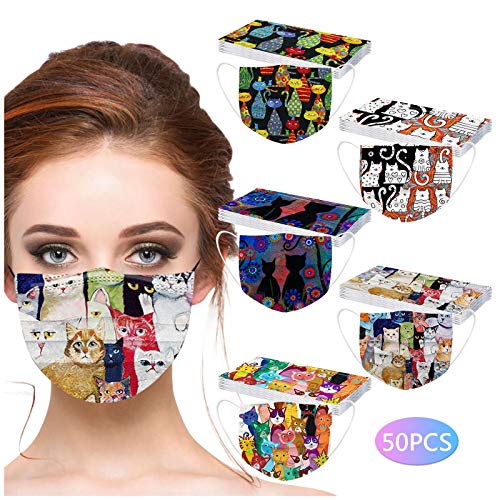 50PCS Personalized Cat Printed Disposable_Face_Masks for Adult,3-ply Face Protection Covering with Elastic Earloop and Nose Clip for Outdoor,Comfortable & High Filtration &Ventilation (F)