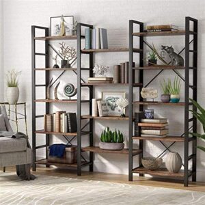 yelite triple wide 5-shelf bookcase, etagere large open bookshelf vintage industrial style shelves wood and metal bookcases furniture for home & office, retro brown