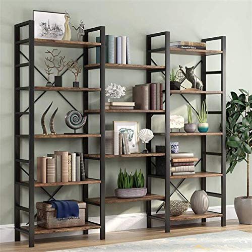 YELITE Triple Wide 5-Shelf Bookcase, Etagere Large Open Bookshelf Vintage Industrial Style Shelves Wood and Metal bookcases Furniture for Home & Office, Retro Brown