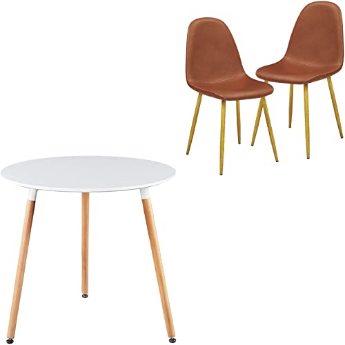 GreenForest Dining Table White Modern Round Table with Wood Legs for Kitchen Living Room Leisure Coffee Table, Dining Chairs Set of 2, Vintage PU Leather Upholstered Side Chairs