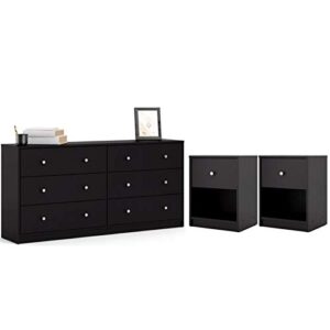 home square 3 piece bedroom set with 6-drawer double dresser and two of 1-drawer nightstand in black