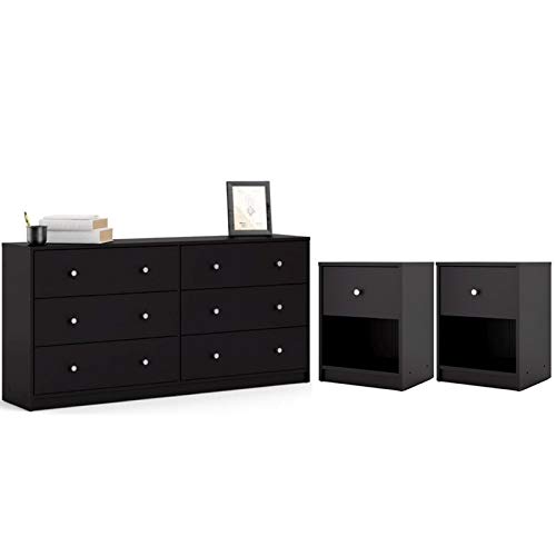 Home Square 3 Piece Bedroom Set with 6-Drawer Double Dresser and Two of 1-Drawer Nightstand in Black