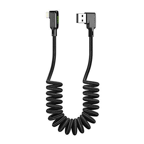 AICase 90 Degree Coiled Charging Cable,Right Angle Design Gaming LED Cord 6ft/1.8m Elastic Nylon Cable,Charge and Sync for Phone XS/XS Max/XR/Phone X/8/8 Plus/7/7 Plus, Pad Pro Air 2 and More