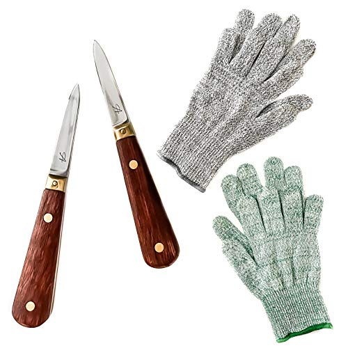 Aursh Oyster Shucking Knife With 2 Pairs Level 5 Protection Food Grade Cut Resistant Gloves (M & L Sizes) Oyster Knife Shucker Set Clam Knife Oyster Opener Seafood Opener Kit Tool Oyster Shucker Set