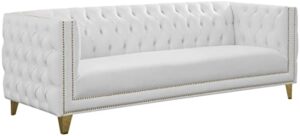 meridian furniture 651white-s michelle collection modern | contemporary sofa with deep button tufting, nailhead trim and sturdy gold iron legs, 90" w x 34" d x 30" h, white