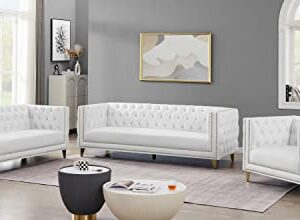 Meridian Furniture 651White-S Michelle Collection Modern | Contemporary Sofa with Deep Button Tufting, Nailhead Trim and Sturdy Gold Iron Legs, 90" W x 34" D x 30" H, White