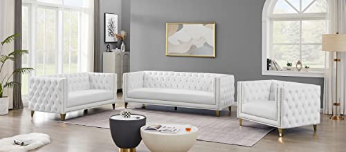 Meridian Furniture 651White-S Michelle Collection Modern | Contemporary Sofa with Deep Button Tufting, Nailhead Trim and Sturdy Gold Iron Legs, 90" W x 34" D x 30" H, White