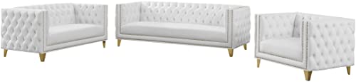 Meridian Furniture 651White-S Michelle Collection Modern | Contemporary Sofa with Deep Button Tufting, Nailhead Trim and Sturdy Gold Iron Legs, 90" W x 34" D x 30" H, White