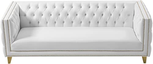 Meridian Furniture 651White-S Michelle Collection Modern | Contemporary Sofa with Deep Button Tufting, Nailhead Trim and Sturdy Gold Iron Legs, 90" W x 34" D x 30" H, White