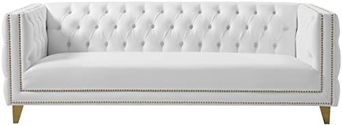 Meridian Furniture 651White-S Michelle Collection Modern | Contemporary Sofa with Deep Button Tufting, Nailhead Trim and Sturdy Gold Iron Legs, 90" W x 34" D x 30" H, White