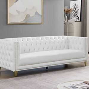 Meridian Furniture 651White-S Michelle Collection Modern | Contemporary Sofa with Deep Button Tufting, Nailhead Trim and Sturdy Gold Iron Legs, 90" W x 34" D x 30" H, White