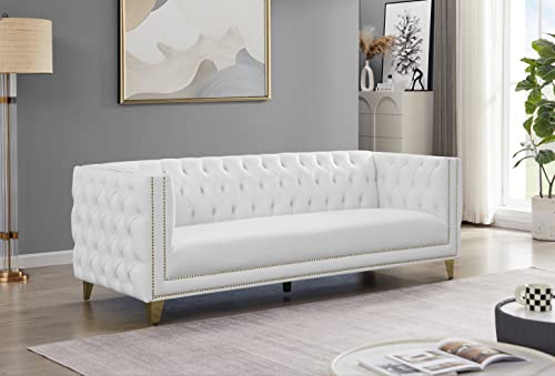 Meridian Furniture 651White-S Michelle Collection Modern | Contemporary Sofa with Deep Button Tufting, Nailhead Trim and Sturdy Gold Iron Legs, 90" W x 34" D x 30" H, White