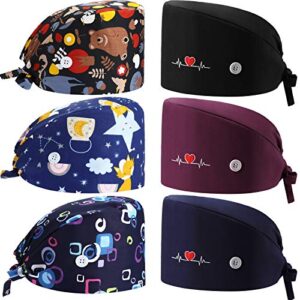 geyoga 6 pieces adjustable working caps with button gourd tie back bouffant hats sweatband caps breathable hair cover for women men