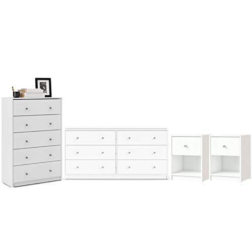 Home Square 4 Piece Bedroom Set with 6-Drawer Double Dresser, 5-Drawer Chest and Two of 1-Drawer Nightstand in White