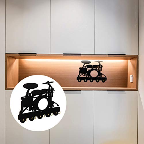 ULTECHNOVO Black Metal Hangers Wooden Hook Racks Decorative Wall Mounted Hanger Drum kit Pattern Coat Hook with 5 Hooks Hanging Hook Rack for Scarf Bag Towel Hat Keys Kitchen Cabinet Hooks