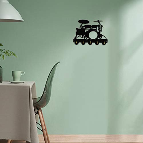 ULTECHNOVO Black Metal Hangers Wooden Hook Racks Decorative Wall Mounted Hanger Drum kit Pattern Coat Hook with 5 Hooks Hanging Hook Rack for Scarf Bag Towel Hat Keys Kitchen Cabinet Hooks