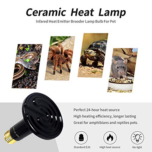 HANJION 100W Ceramic Heat Emitter, Infrared Ceramic Heater Bulbs Reptiles Heat Lamp Bulb for Pet Brooder Coop Chicken Lizard Turtle Snake Aquarium, No Light Emitting No Harm, Black-2 Pack