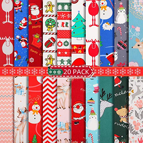 20 Pieces 10 x 10 Inch Christmas Fabric Multi-Color Fabric Patchwork Bundles Sewing Square Mixed Fabric Christmas Printing Quilting Fabric Santa Snowman Printed Fabric Scrap for DIY