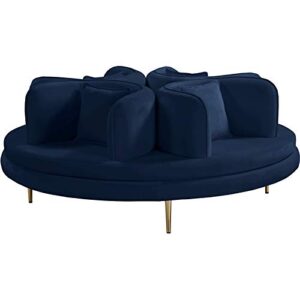 meridian furniture 627navy circlet collection modern | contemporary velvet upholstered roundabout sofa with sturdy gold iron legs, 72" w x 72" d x 29" h, navy