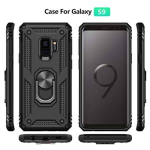 Androgate for Samsung Galaxy S9 Case with HD Screen Protectors, Military-Grade Metal Ring Holder Kickstand 15ft Drop Tested Shockproof Cover Case for Samsung Galaxy S9 (2018), Black