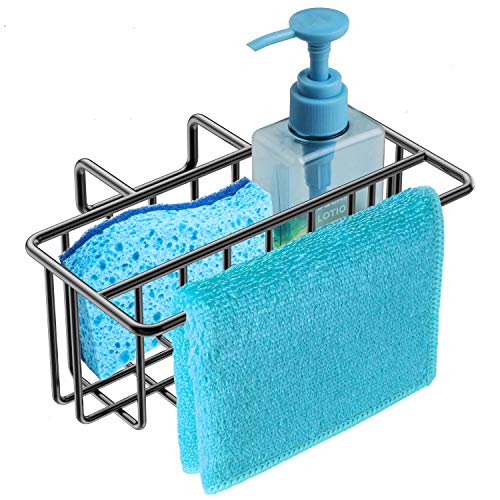 JOFUYU [Upgraded] Sponge Holder for Kitchen Sink, 2-in-1 Sink Caddy, Sponge + Dish Towel, Hanging Kitchen Organizer Rack, SUS304 Stainless Steel - Black