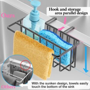 JOFUYU [Upgraded] Sponge Holder for Kitchen Sink, 2-in-1 Sink Caddy, Sponge + Dish Towel, Hanging Kitchen Organizer Rack, SUS304 Stainless Steel - Black