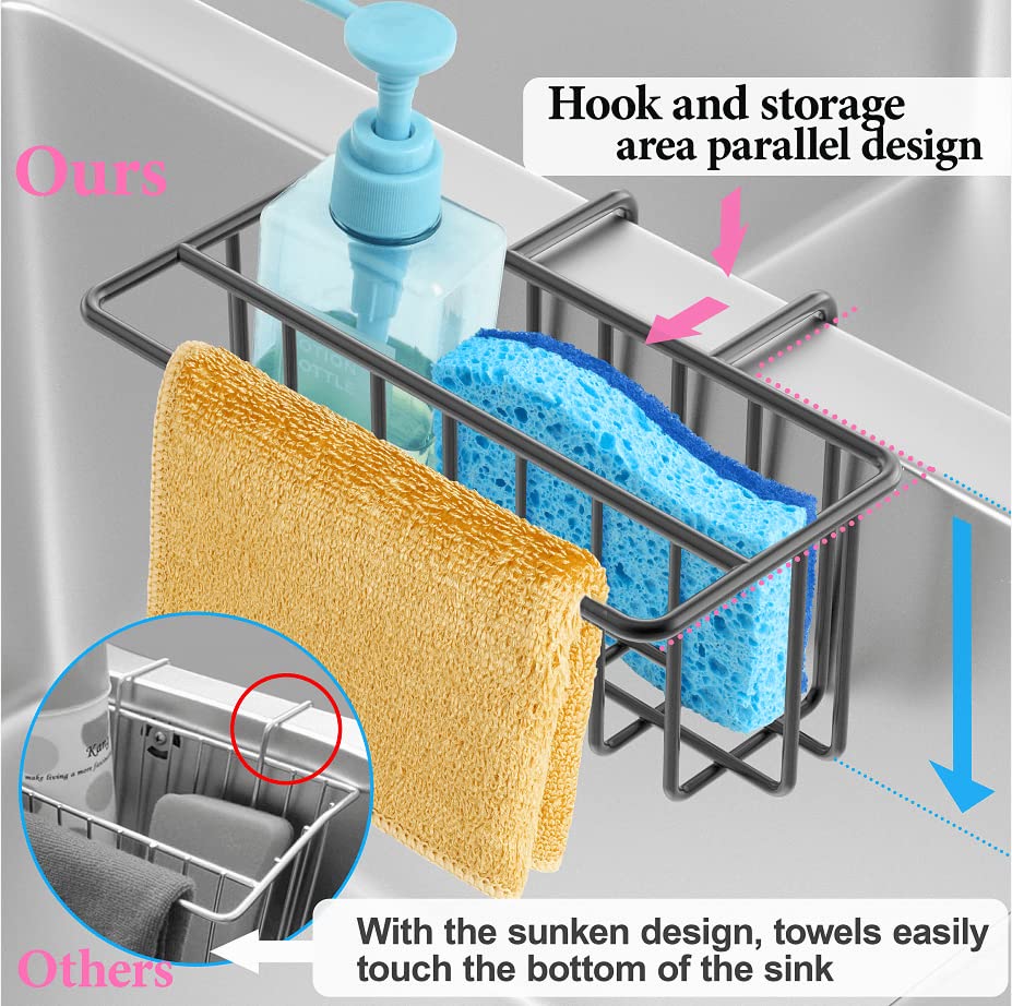 JOFUYU [Upgraded] Sponge Holder for Kitchen Sink, 2-in-1 Sink Caddy, Sponge + Dish Towel, Hanging Kitchen Organizer Rack, SUS304 Stainless Steel - Black