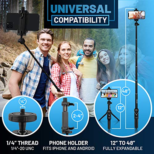 Texlar 48 Inch Selfie Stick Tripod with Remote for iPhone 14, 13, 12, 11, XR, X, 8, 7, Pro, Max, Plus, SE, Android Phone, Smartphone - TS48 Pro Small Mini Cellphone Stand