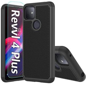 t-mobile revvl 4 plus case,tcl revvl 4 plus case,with hd screen protector [shock absorption] hybrid dual layer tpu & hard back cover bumper protective case cover for t-mobile revvl 4+ (black armor)