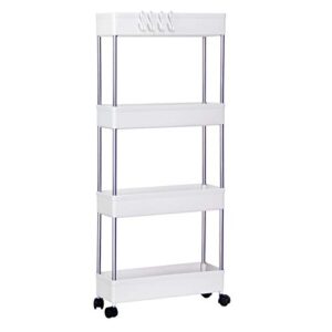 yoofzler 4 tier slim storage cart mobile tower rack rolling shelving unit storage with casters wheels&4 side hoops for kitchen bathroom laundry room, white