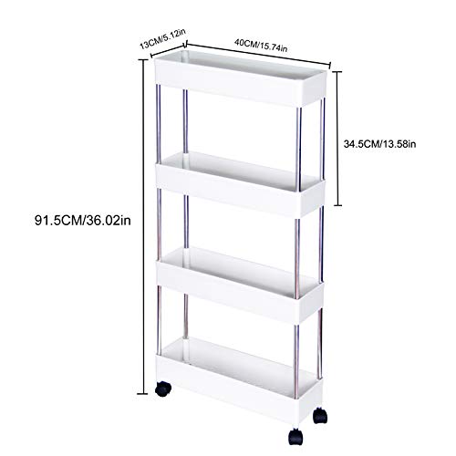 YooFZler 4 Tier Slim Storage Cart Mobile Tower Rack Rolling Shelving Unit Storage with Casters Wheels&4 Side Hoops for Kitchen Bathroom Laundry Room, White