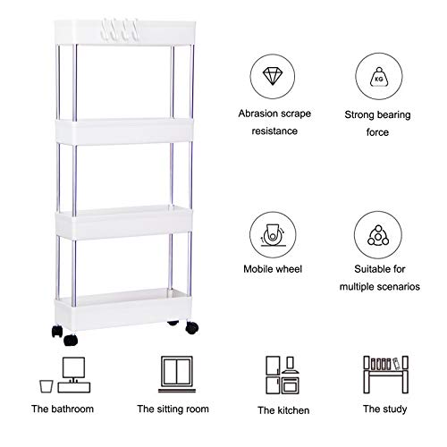 YooFZler 4 Tier Slim Storage Cart Mobile Tower Rack Rolling Shelving Unit Storage with Casters Wheels&4 Side Hoops for Kitchen Bathroom Laundry Room, White