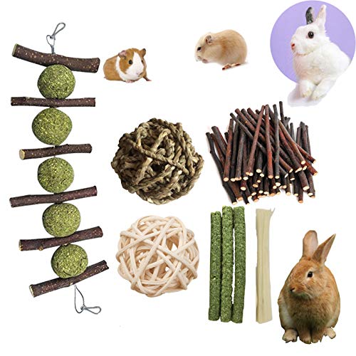 PD Bunny Chew Toys for Teeth, Double Head Suspension, Natural Apple Wood Sticks with Timothy Grass Balls, Improve Dental Health for Rabbits Chinchilla Hamsters Guinea Pigs Gerbils Squirrels (5 pcs)