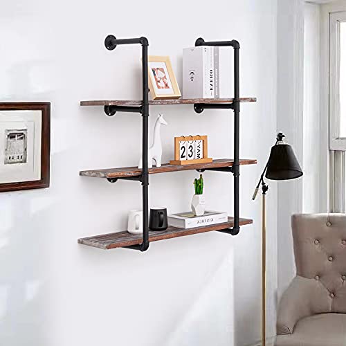 Coral Flower 2PC Industrial Wall Mounted Iron Pipe Shelves Vintage Retro Black DIY Open Bookshelves (2 Pcs 4-Tier, Hardware Only )