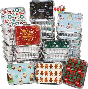 joyin 40 pieces christmas foil containers with lid, 8 holiday designs, 7"x5.5"x2" christmas small gift bags santa sacks, for holiday leftovers goodie container or cookie exchange