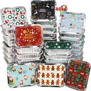 JOYIN 40 Pieces Christmas Foil Containers with Lid, 8 Holiday Designs, 7"x5.5"x2" Christmas Small Gift Bags Santa Sacks, for Holiday Leftovers Goodie Container or Cookie Exchange